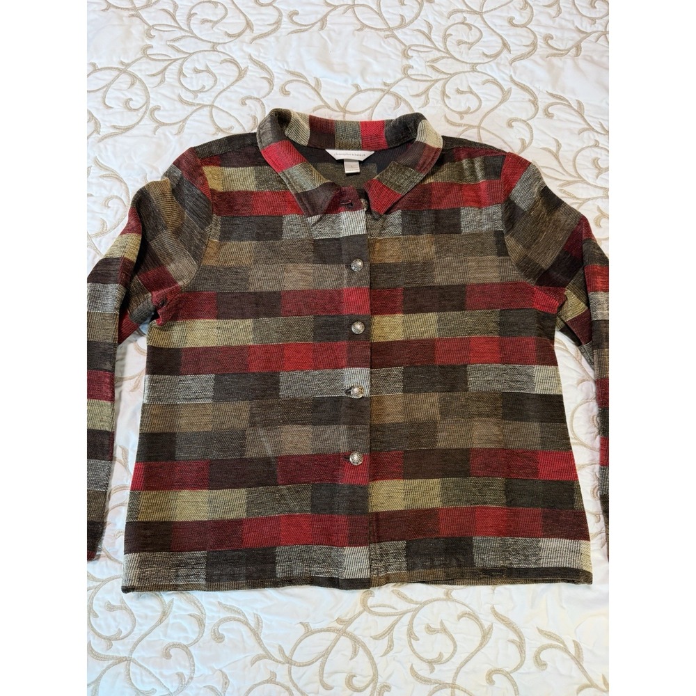Christopher & Banks Women's L Textured Button Front Jacket Red Brown Plaid Top